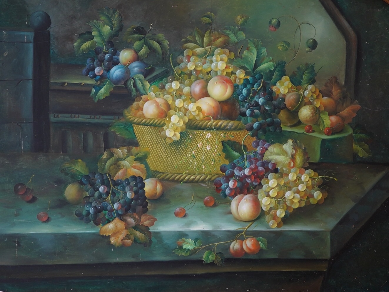 20th century, Dutch style, set of three oils on canvas, still life scenes of flowers and fruit, unsigned, each 92 x 121cm, unframed. Condition - fair